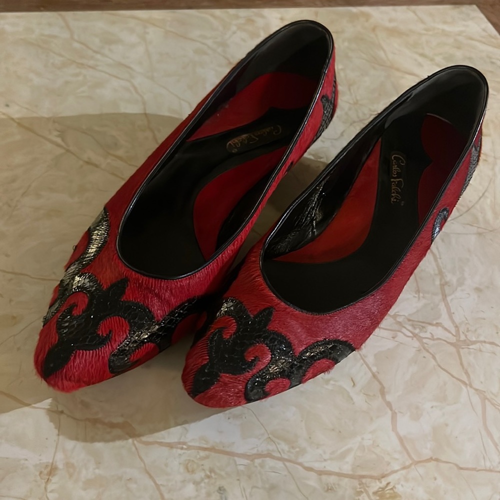 Carlos Falchi Red Dyed Hair and Snakeskin Pump